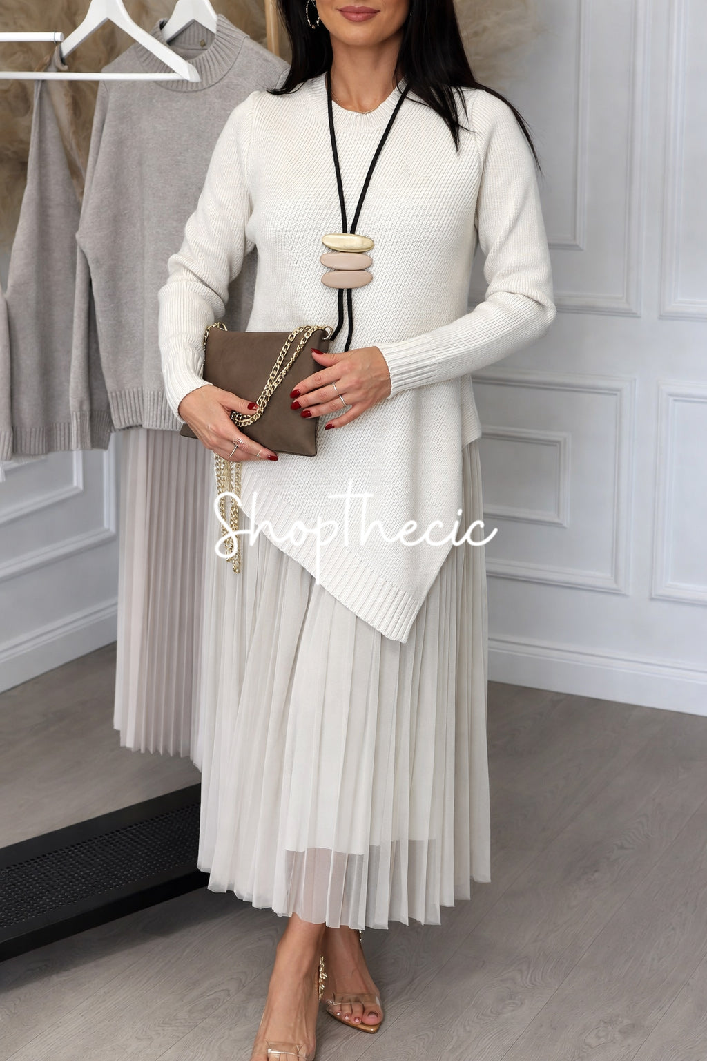 Irregular hem knit top and camisole mesh dress two-piece set