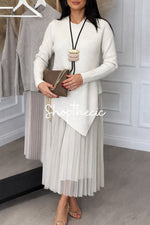 Irregular hem knit top and camisole mesh dress two-piece set