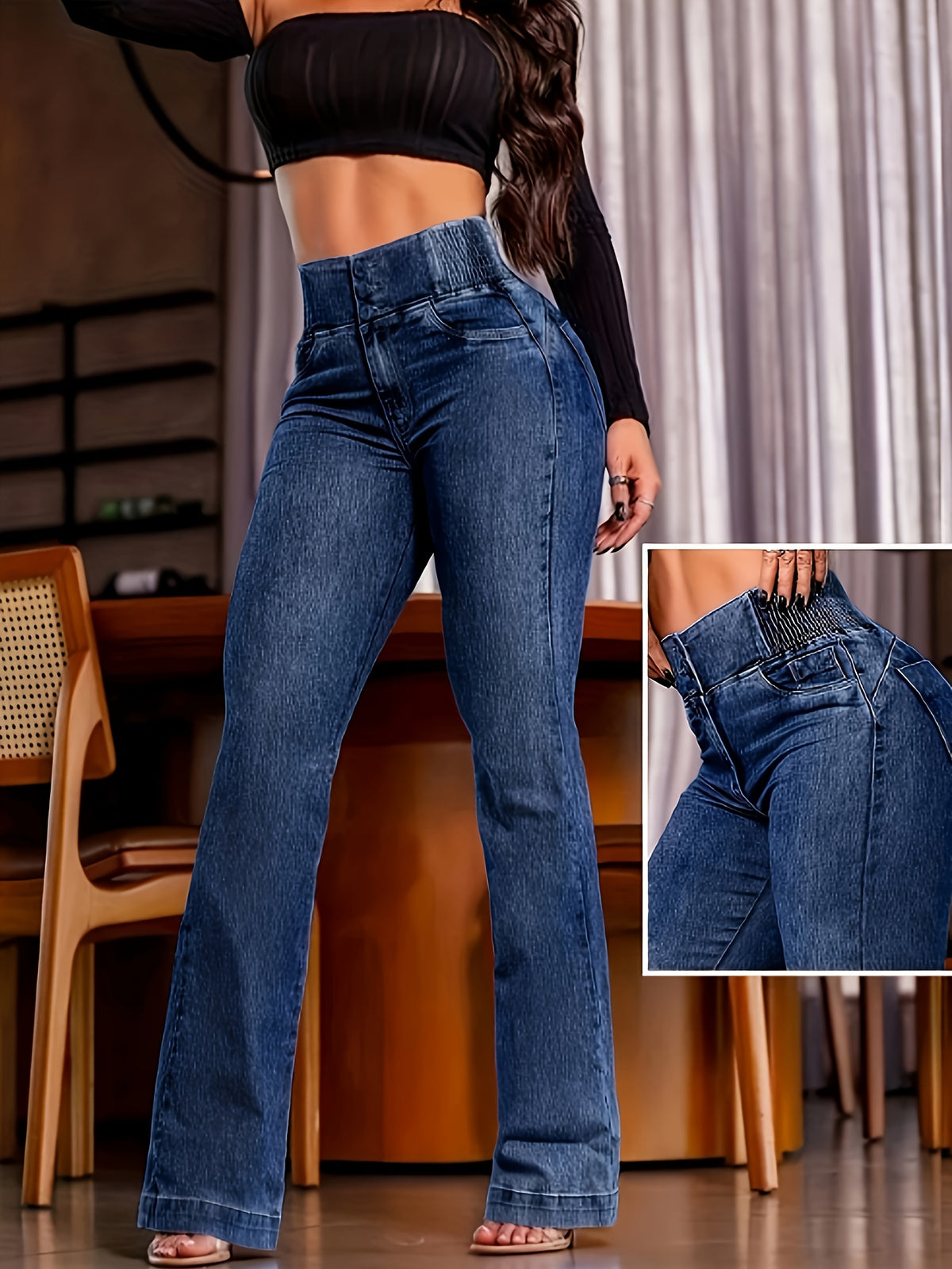 Buttoned Stretch Slim Micro-flared Temperament Denim Long Pants