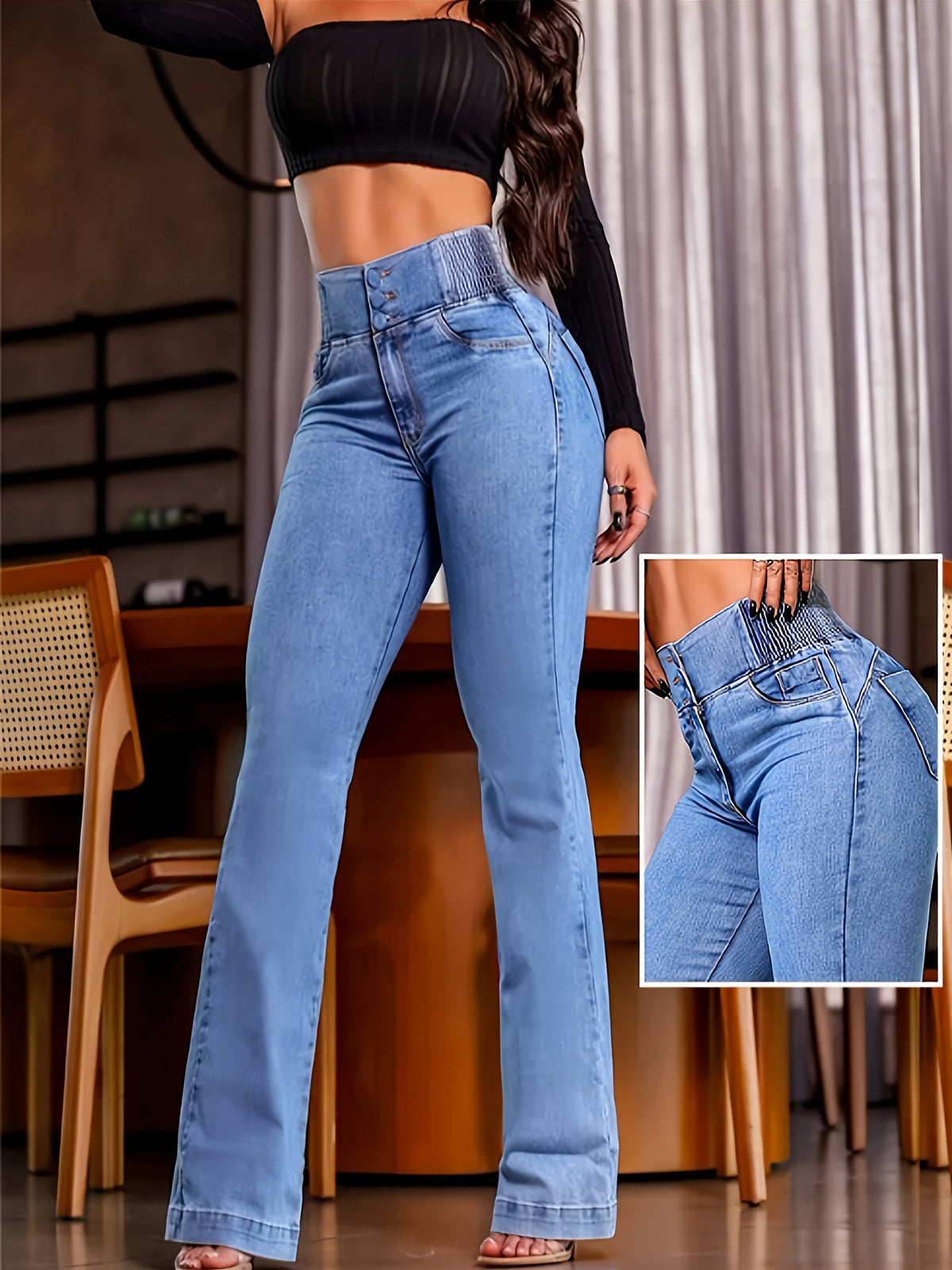 Buttoned Stretch Slim Micro-flared Temperament Denim Long Pants