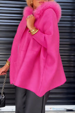 Rose Red Loose Large Fur Collar Knitted Hooded Jacket