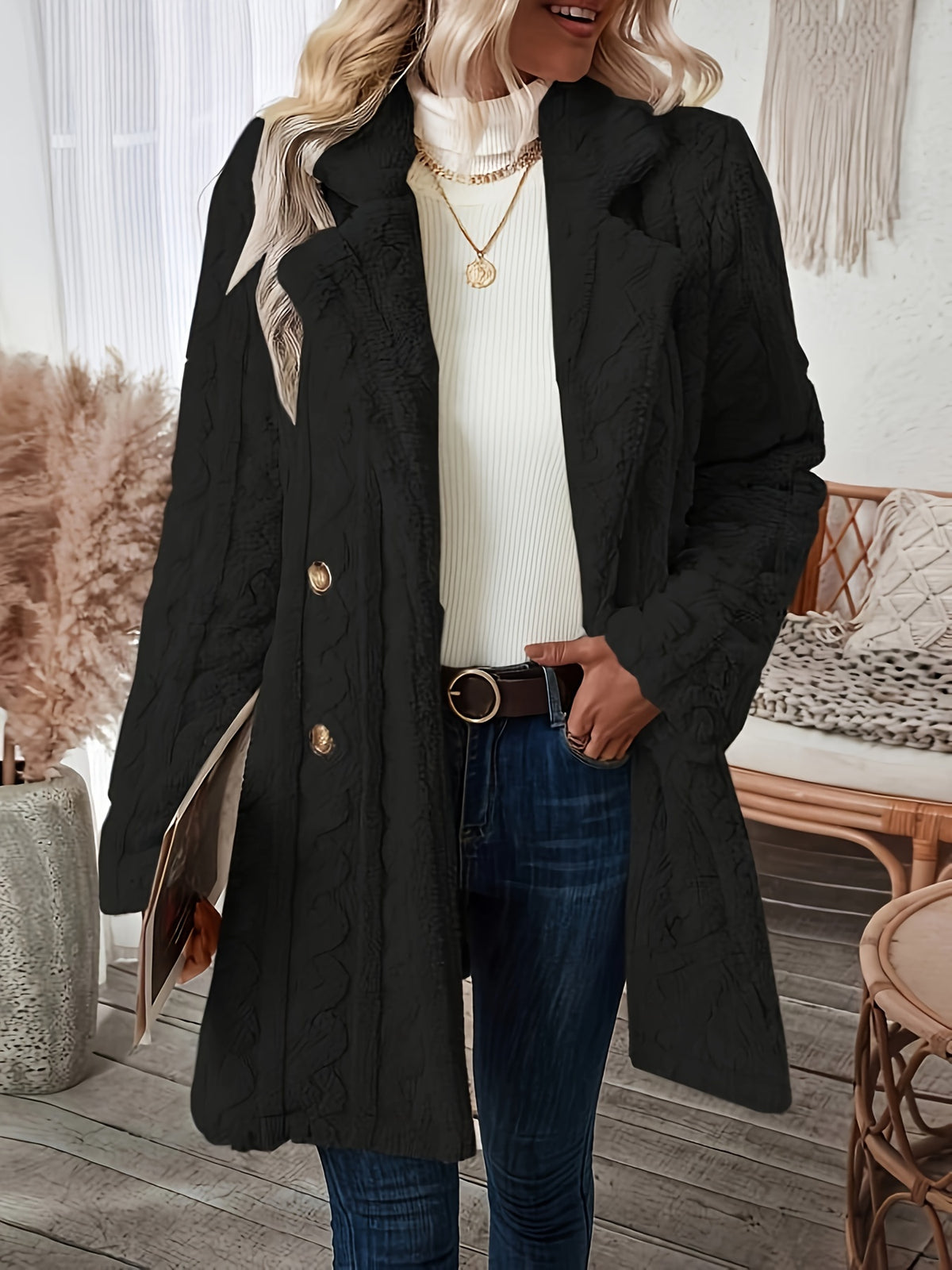 Vielseitiger, strukturierter Thermo-Teddymantel mit zweireihigem Revers und Revers