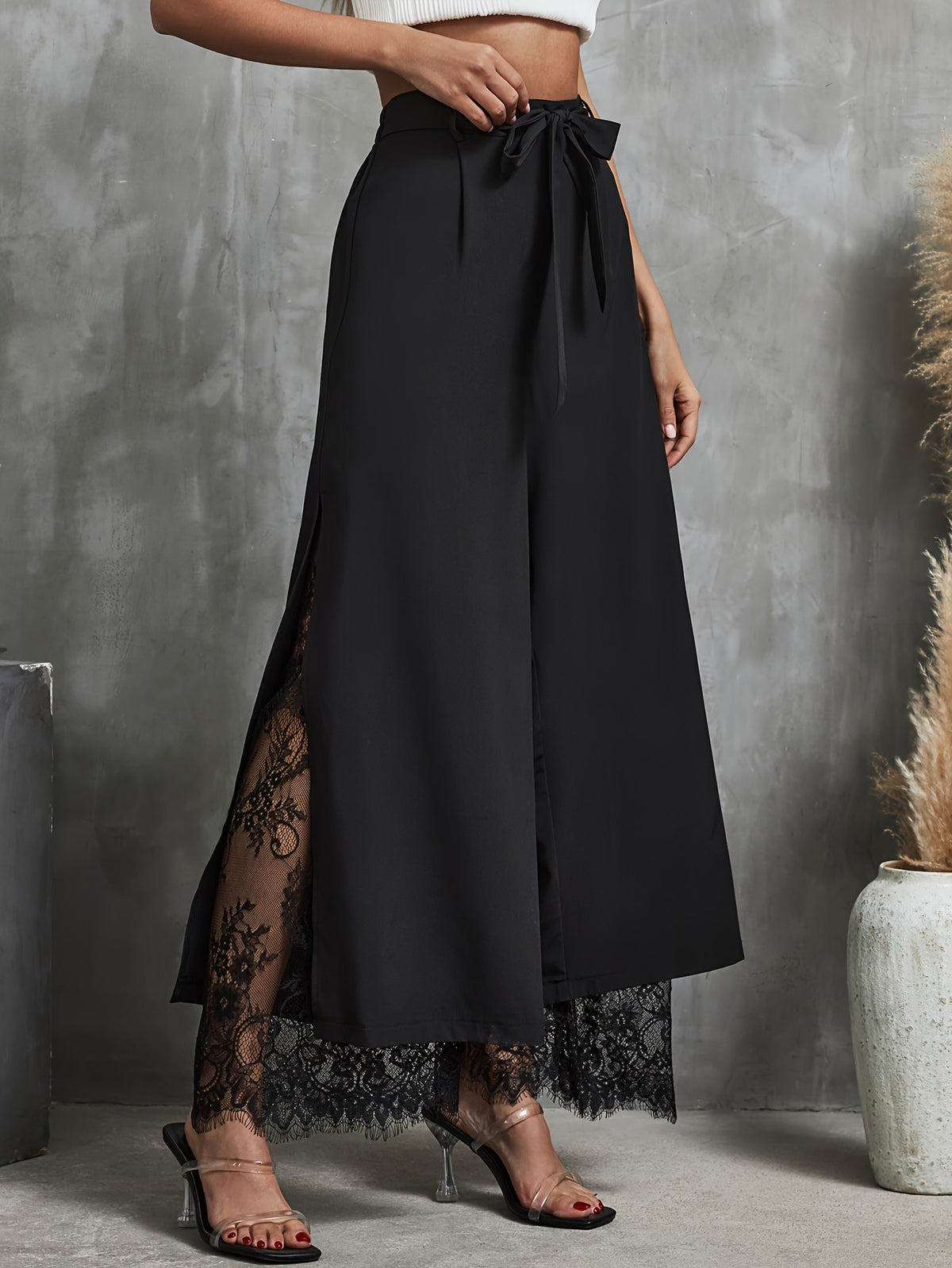Elegant Lace Trim Elastic Waist Wide-Leg Palazzo Pants