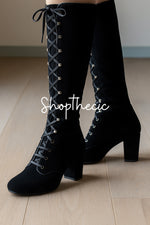 Square toe lace-up block heel side zipper boots