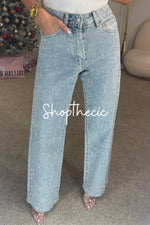Jeans a gamba dritta a vita alta completamente lavati con strass