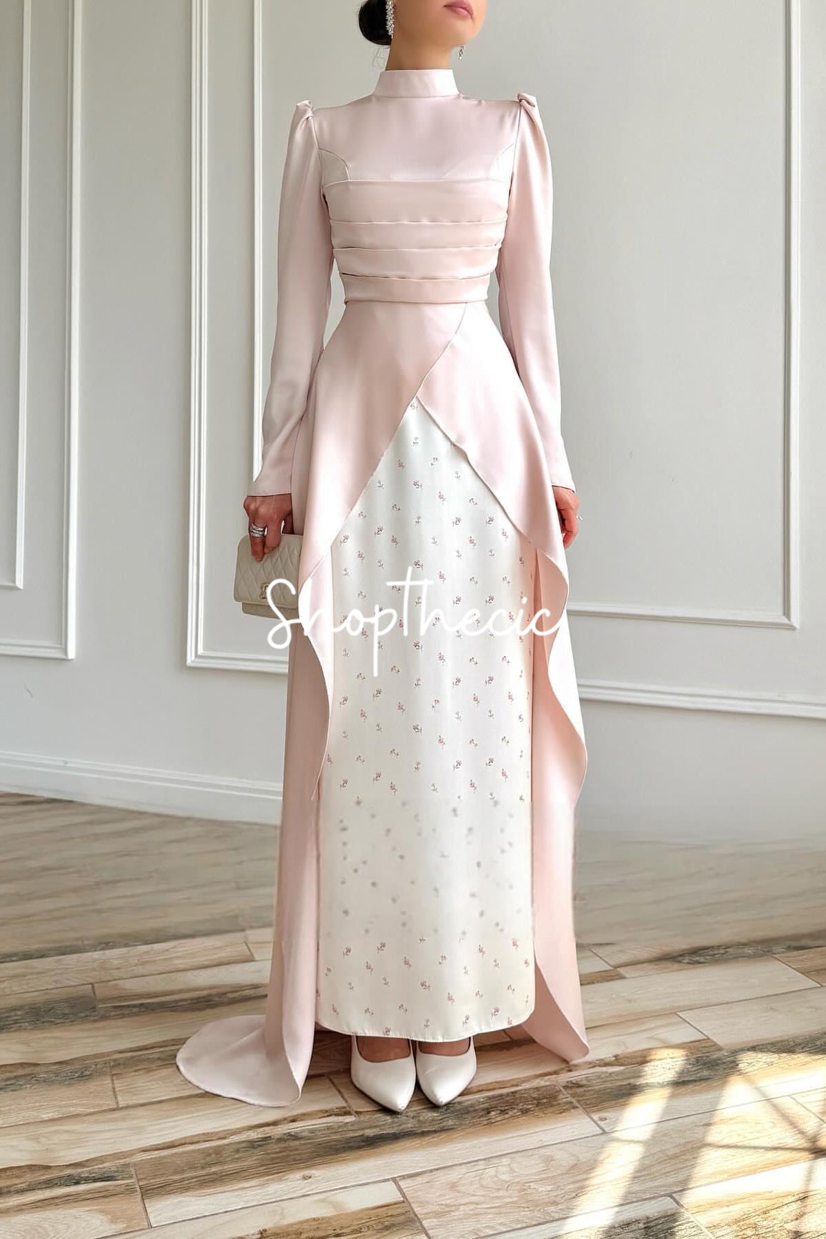 Elegant pink strapless evening gown with train