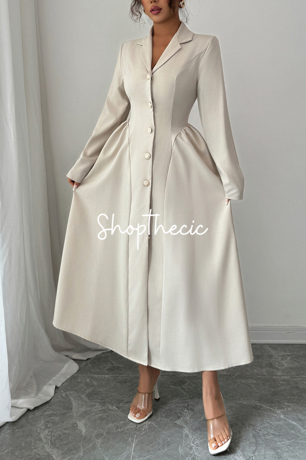 Elegant apricot deep V-neck collared long-sleeved dress