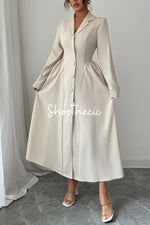 Elegant apricot deep V-neck collared long-sleeved dress