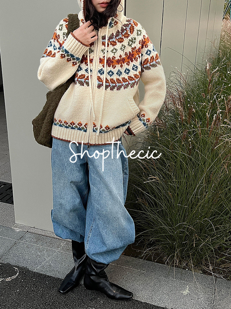 Fair Isle color-blocked hooded jacquard knit cardigan
