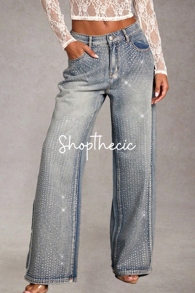 High-waisted front-rhinestone washed wide-leg Jeans