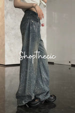Sparkling rhinestone-embellished loose-fitting wide-leg jeans
