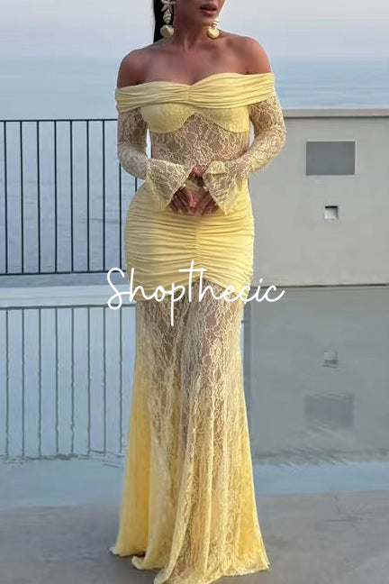 Lace-trimmed long-sleeved bodycon maxi dress