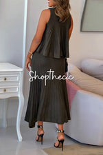 Army green sleeveless loose pleated top and skirt two-piece set