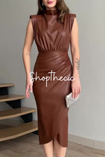 PU leather round neck sleeveless waist-cinching hip-hugging midi dress