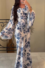 Blue floral print back-tied batwing sleeve maxi dress