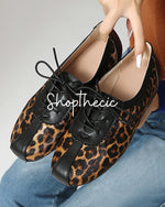 Retro leopard lace-up round toe low-heeled loafers