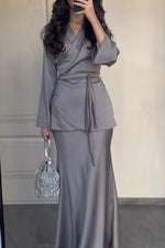 Satin patchwork waist-cinching top and skirt set