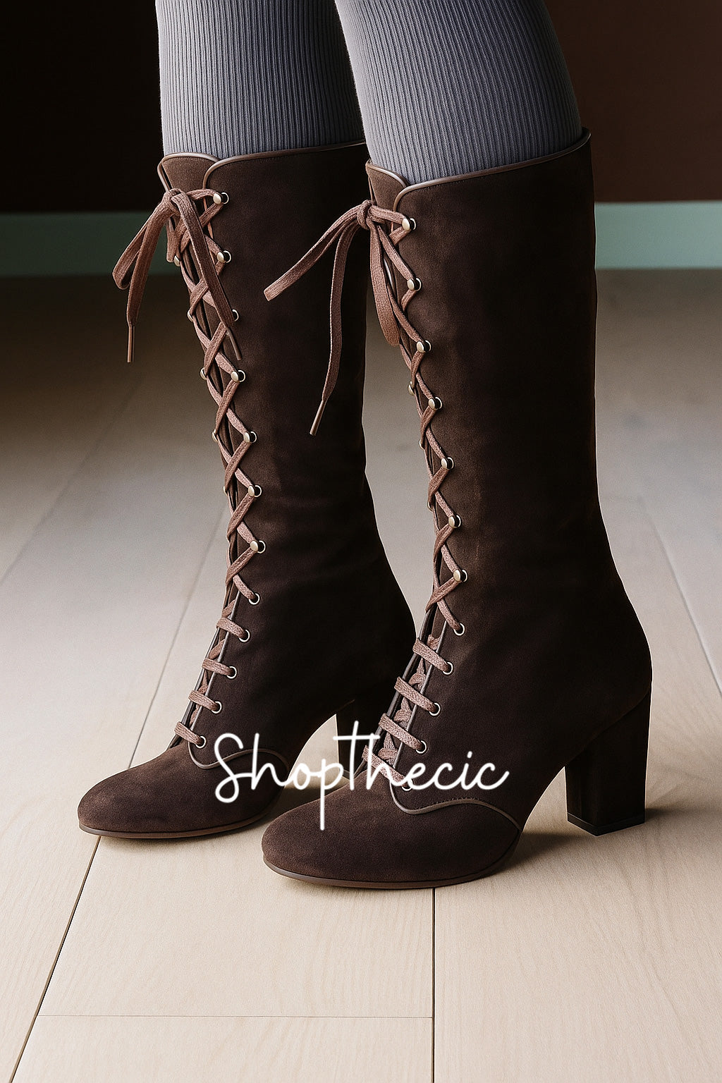 Square toe lace-up block heel side zipper boots