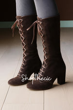 Square toe lace-up block heel side zipper boots