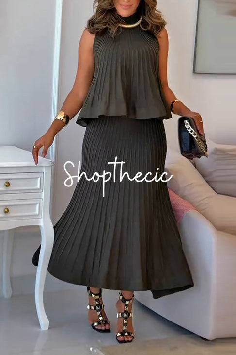 Army green sleeveless loose pleated top and skirt two-piece set