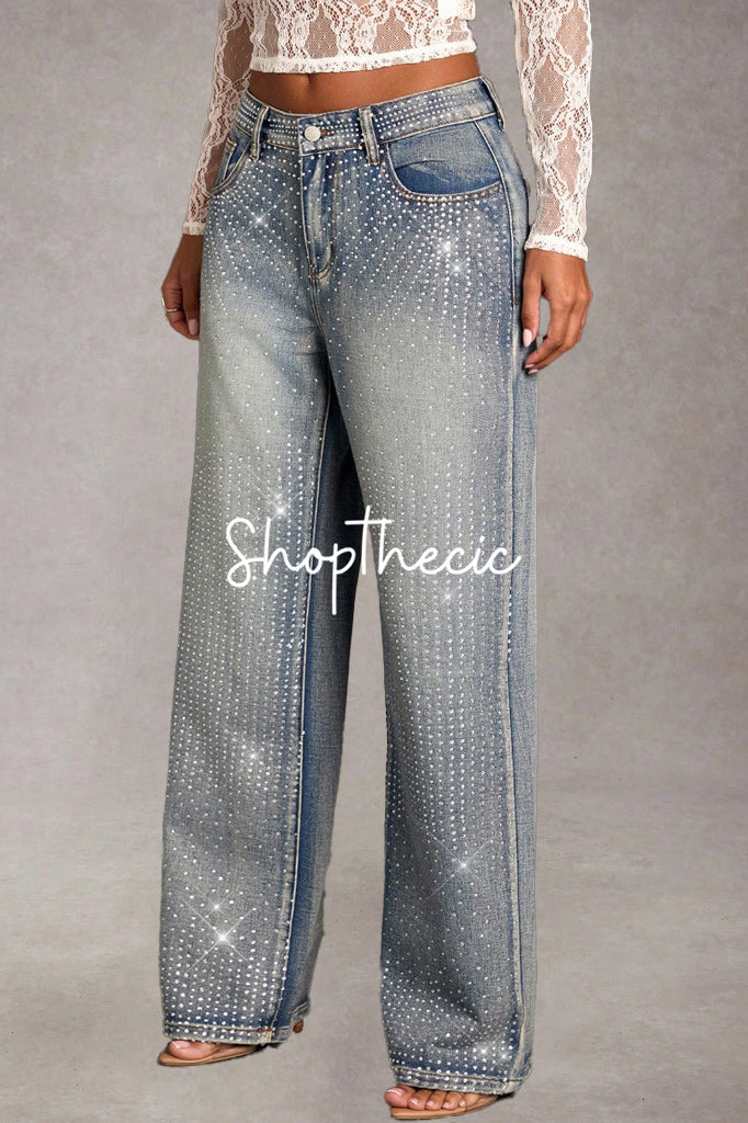 High-waisted front-rhinestone washed wide-leg Jeans