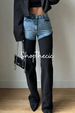 Stylish color-blocked straight-leg distressed jeans