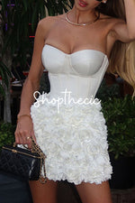 White 3D floral strapless vest mini dress