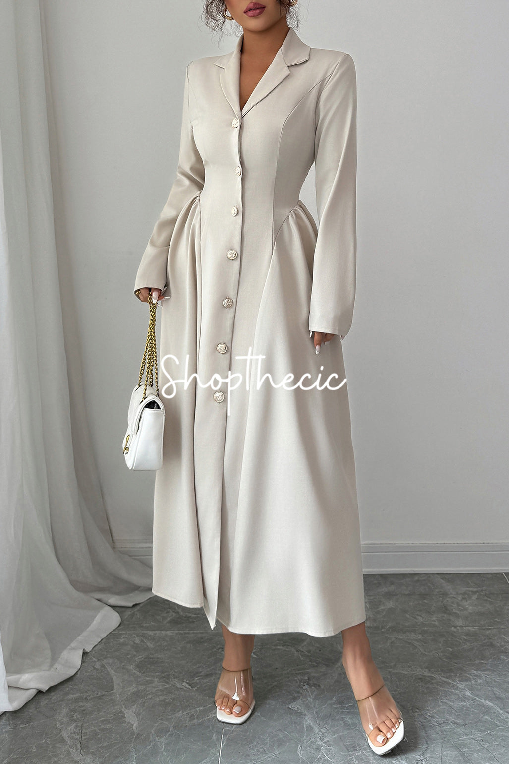 Elegant apricot deep V-neck collared long-sleeved dress