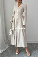 Elegant apricot deep V-neck collared long-sleeved dress