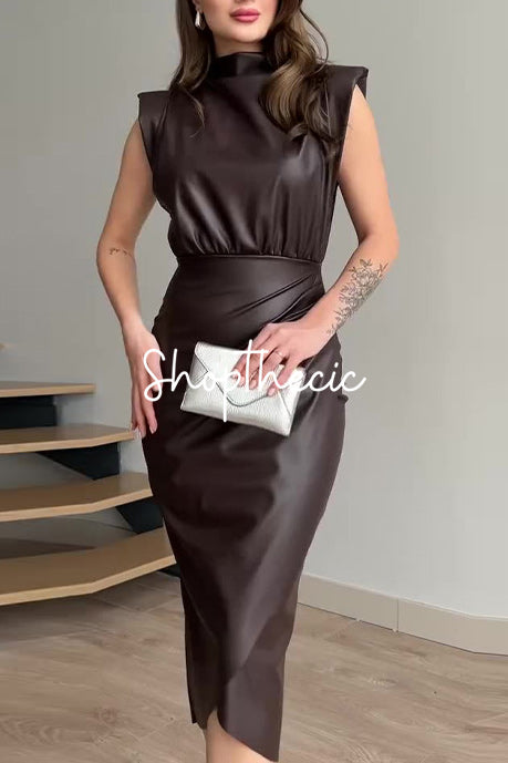 PU leather round neck sleeveless waist-cinching hip-hugging midi dress