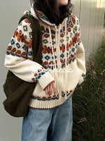 Fair Isle color-blocked hooded jacquard knit cardigan