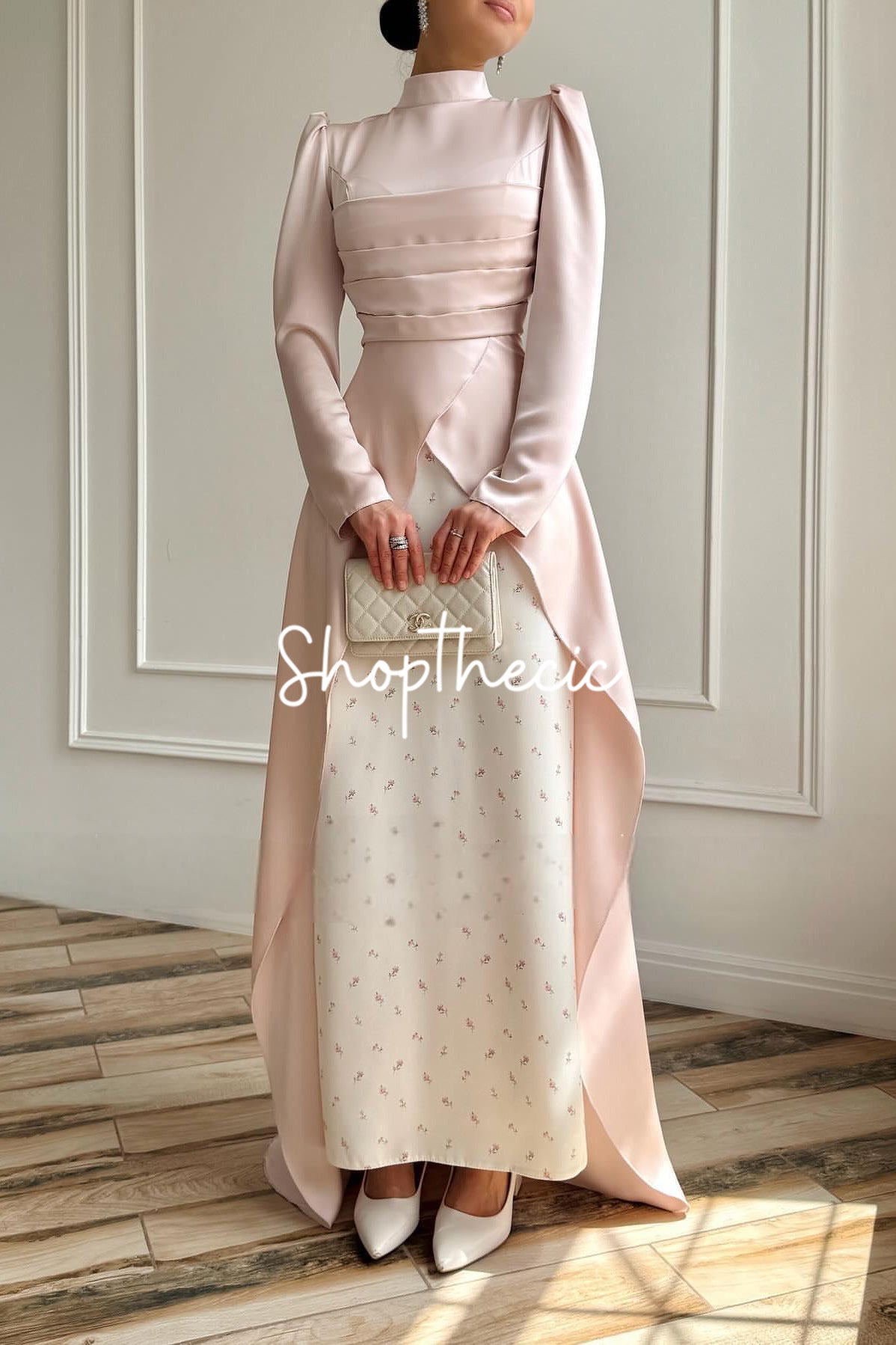 Elegant pink strapless evening gown with train