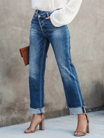 Elegant High Waisted Slim Fit Turn-Cuff Jeans