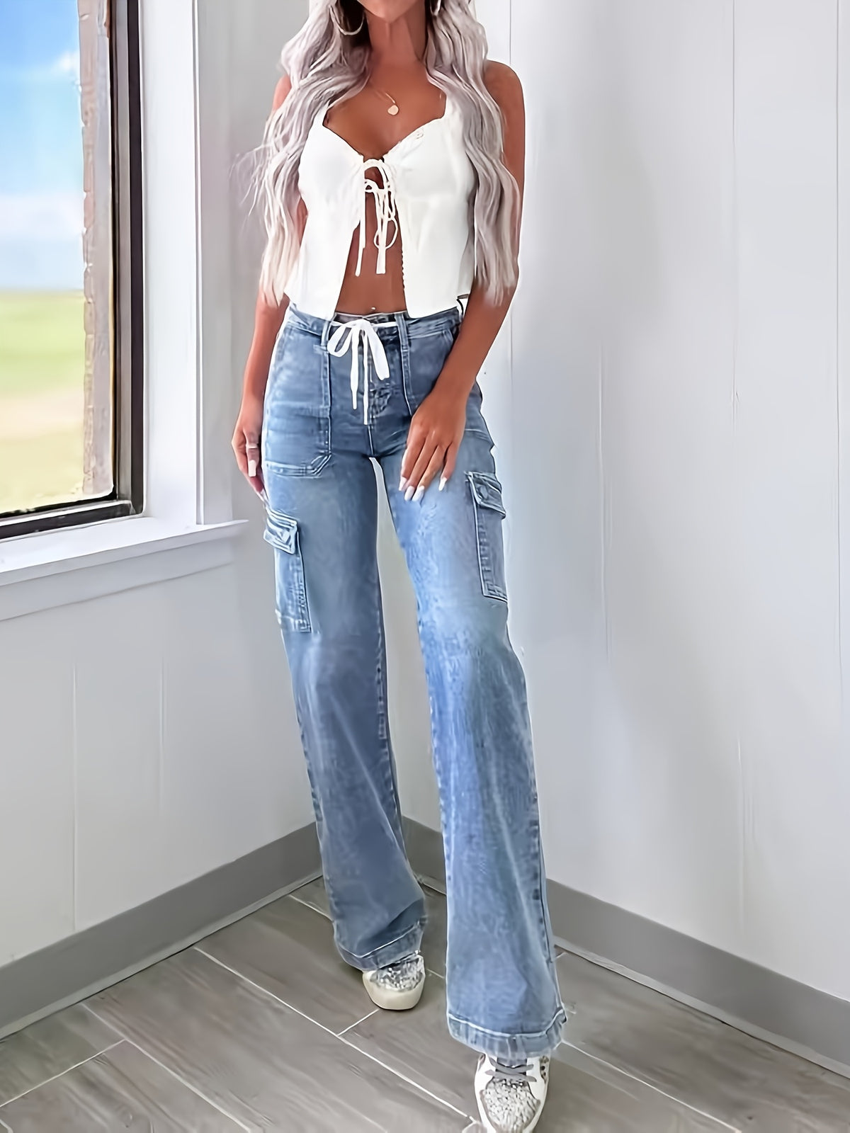 Leisure Straight-leg Jeans With Laces And Multiple Pockets