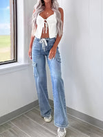 Leisure Straight-leg Jeans With Laces And Multiple Pockets