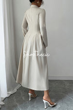 Elegant apricot deep V-neck collared long-sleeved dress