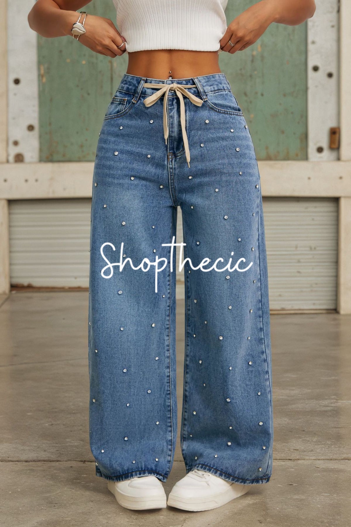 Pearl high-waisted loose-fitting drawstring wide-leg jeans