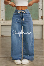 Pearl high-waisted loose-fitting drawstring wide-leg jeans