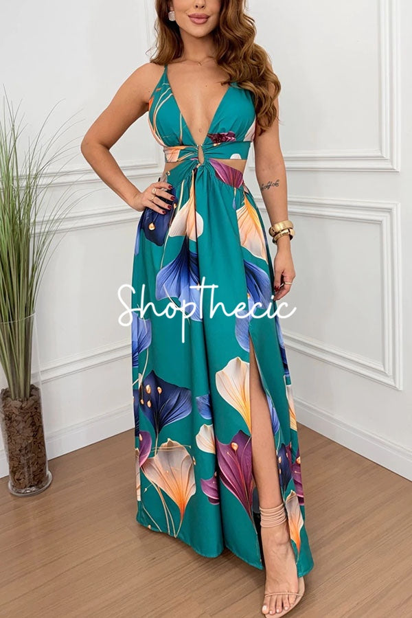 Deep V-neck halter floral backless dress