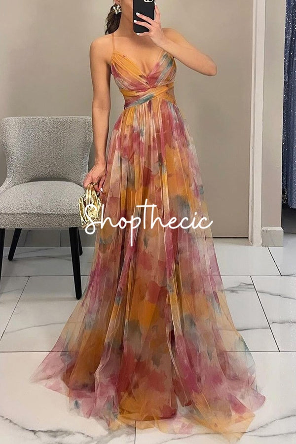 Mesh Printed Spaghetti Strap Vacation Maxi Dress