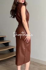 PU leather round neck sleeveless waist-cinching hip-hugging midi dress