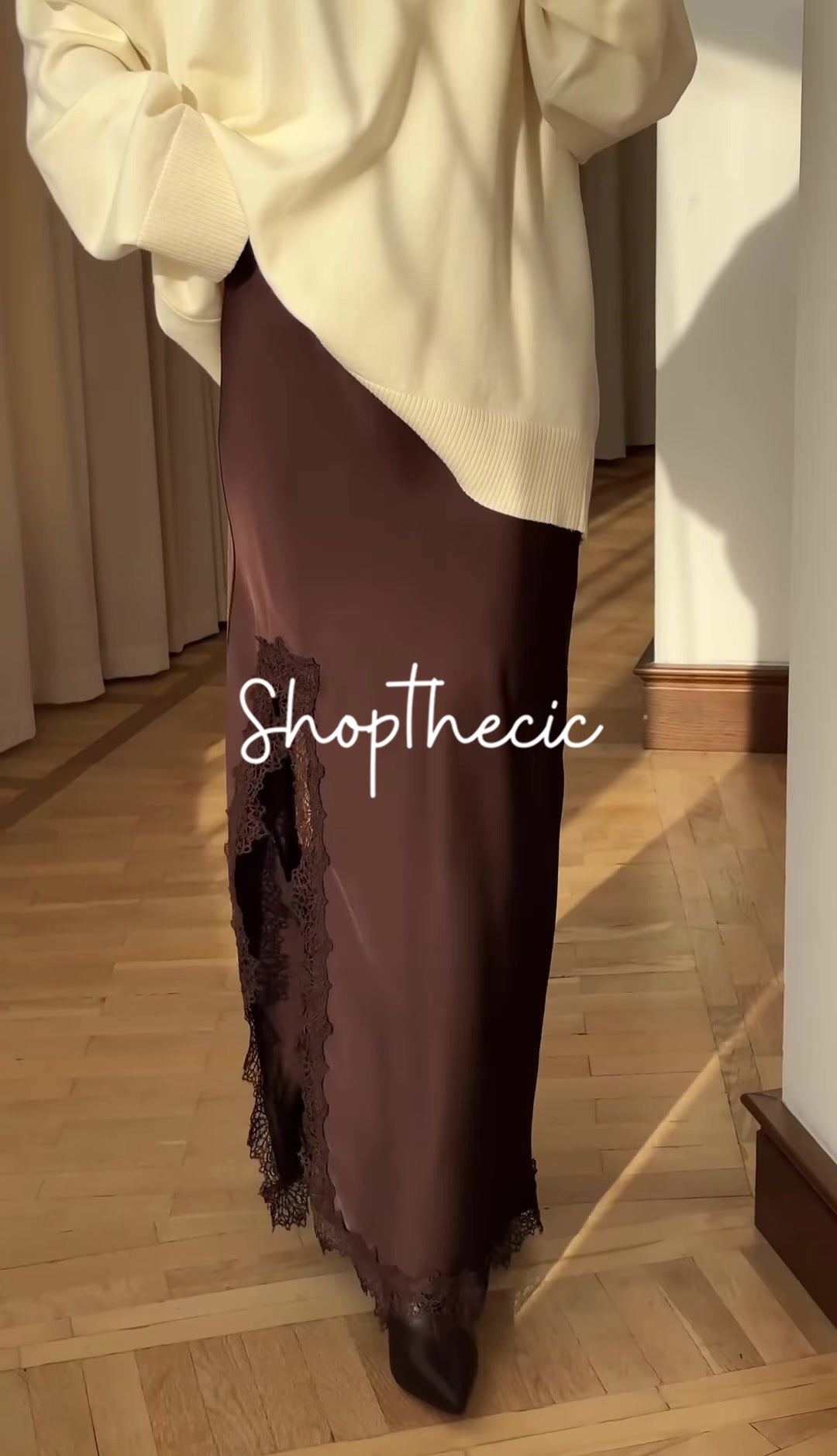 Coffee-colored satin side-slit lace-trimmed fishtail midi skirt