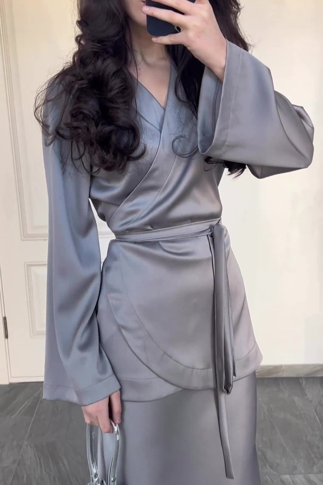 Satin patchwork waist-cinching top and skirt set