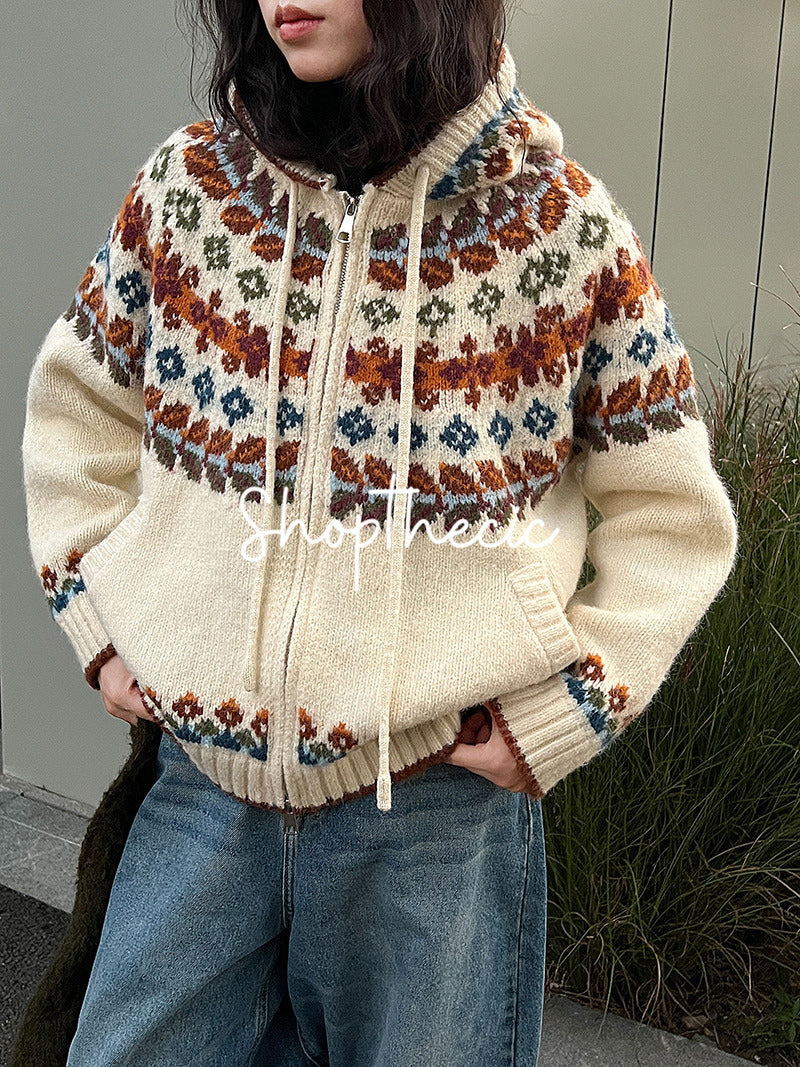 Fair Isle color-blocked hooded jacquard knit cardigan