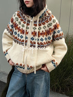 Fair Isle color-blocked hooded jacquard knit cardigan