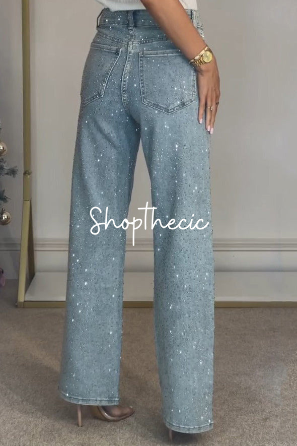 Fully rhinestone washed high-waisted straight leg jeans