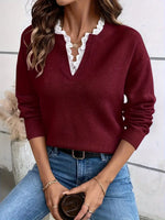 Elegant Lace Trim V-Neck Loose Fit Drop Shoulder Swater