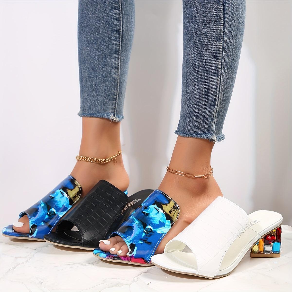 Versatile Rhinestone Peep Toe Chunky Heeled Sandals