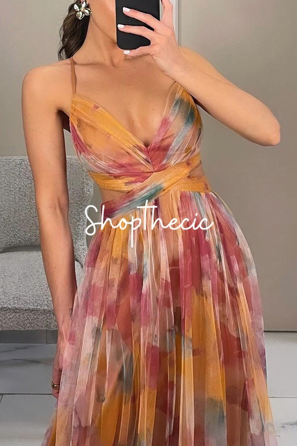 Mesh Printed Spaghetti Strap Vacation Maxi Dress