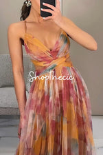 Mesh Printed Spaghetti Strap Vacation Maxi Dress